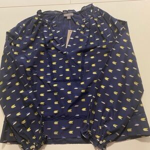 J. Crew Navy and Yellow Patterned Blouse
